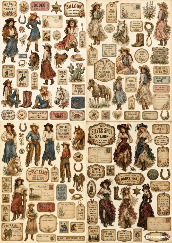 Western Cowgirl Character Ephemera Sheets