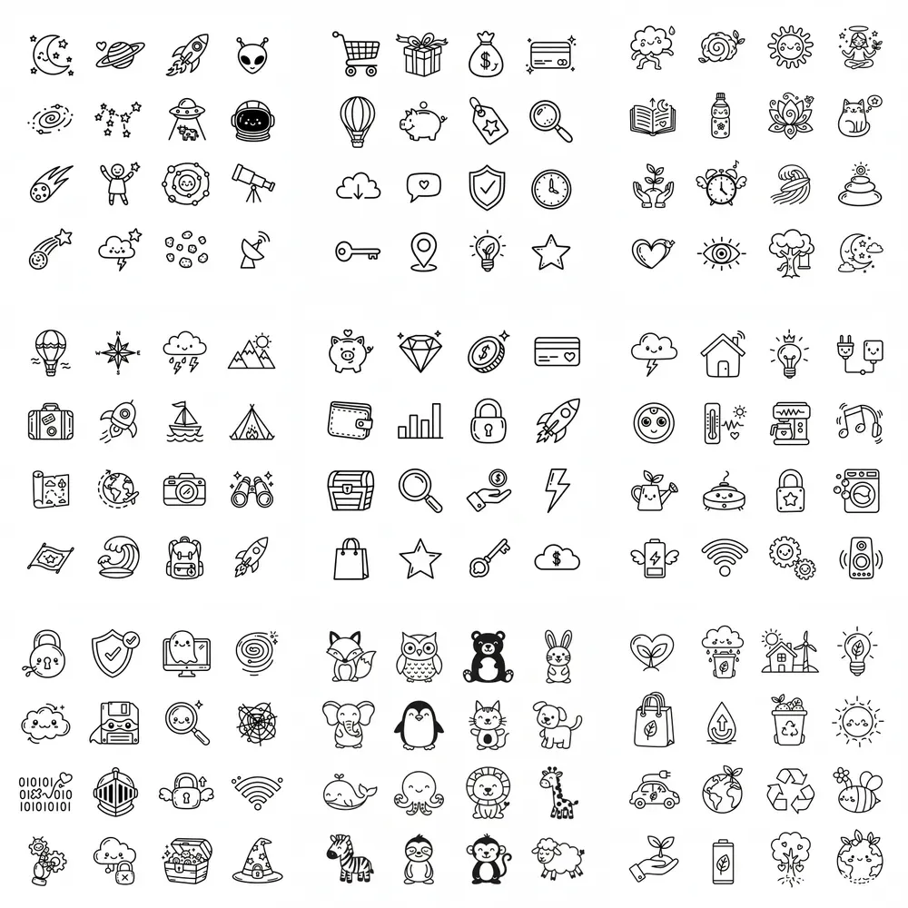Whimsical Doodle Icons Black On White