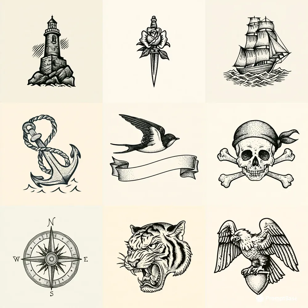 Handdrawn Nautical Tattoo Flash Icons
