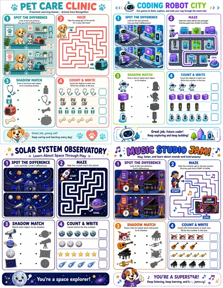 4 In 1 Preschool Games Worksheets