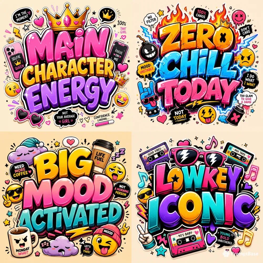 Gen Z Slang Cartoon Sticker Typography