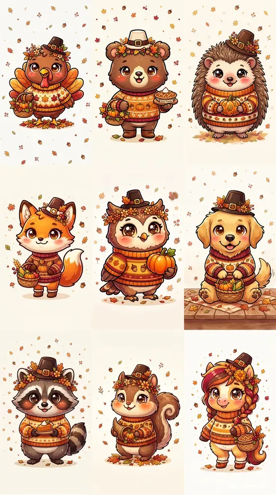 Cute Thanksgiving Chibi Animals Prints
