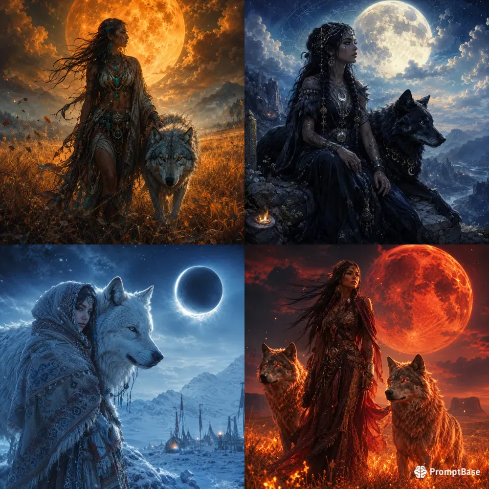 Moon Spirit Bond Fantasy Tribal Wolves A