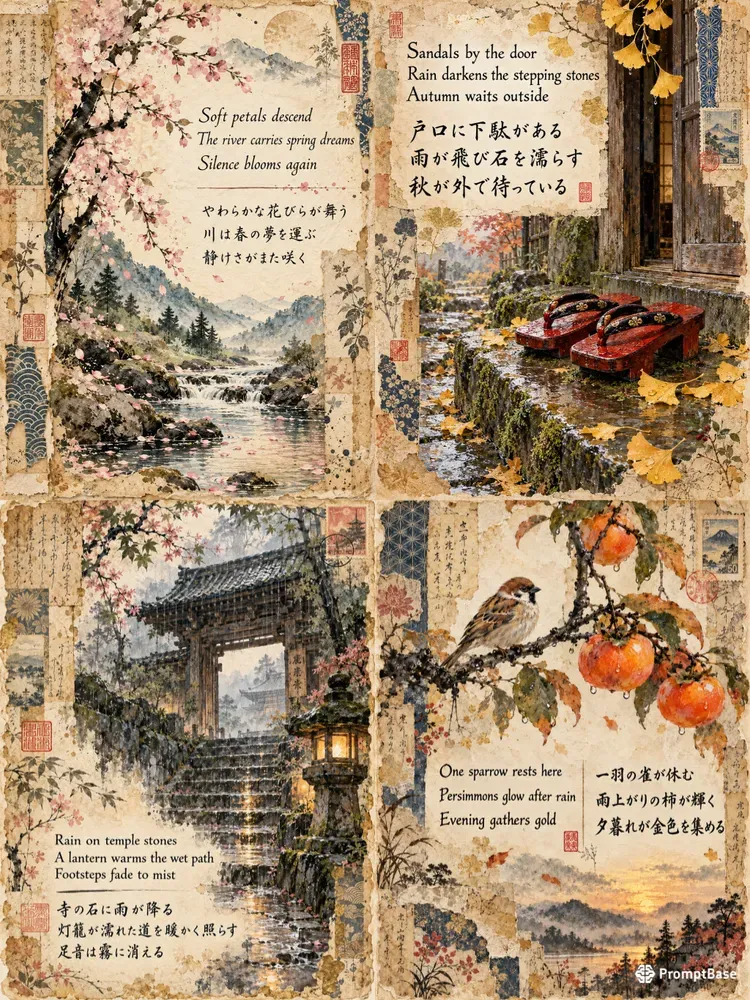 Japanese Haiga Poetry Junk Journal Pages