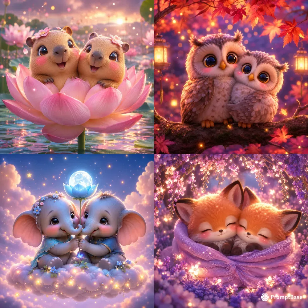 Dreamy Kawaii Animal Love Scene Art 3D