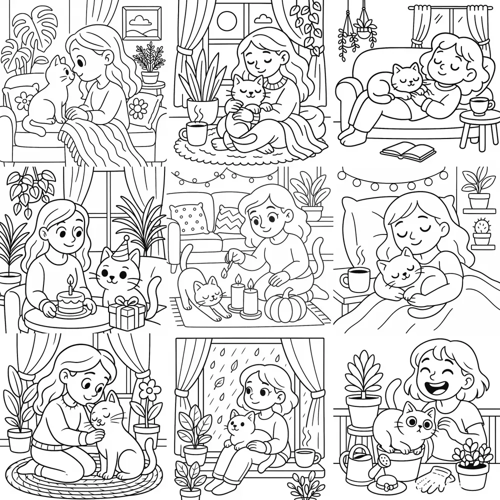 Cute Cat Mom Moments Coloring Pages