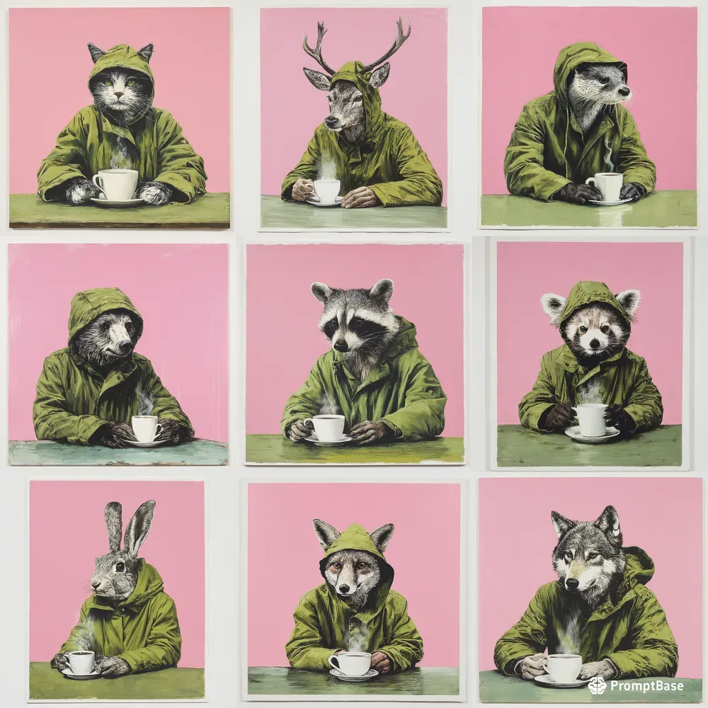 Tea Drinking Hooded Animals Pink Green