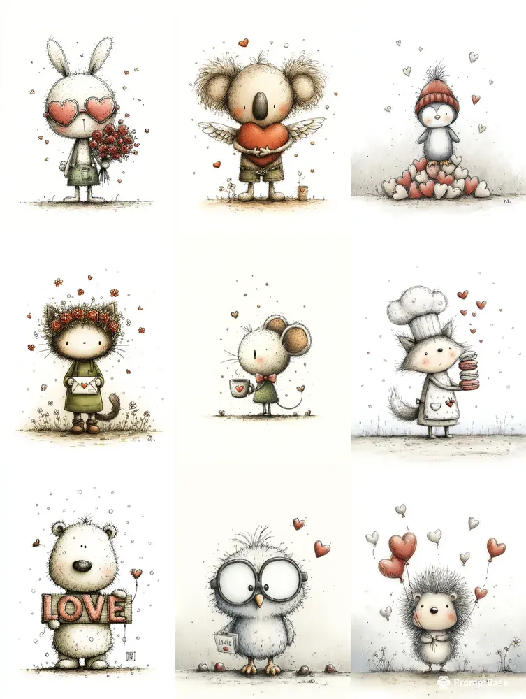 Simple Doodle Valentine Animals Clipart