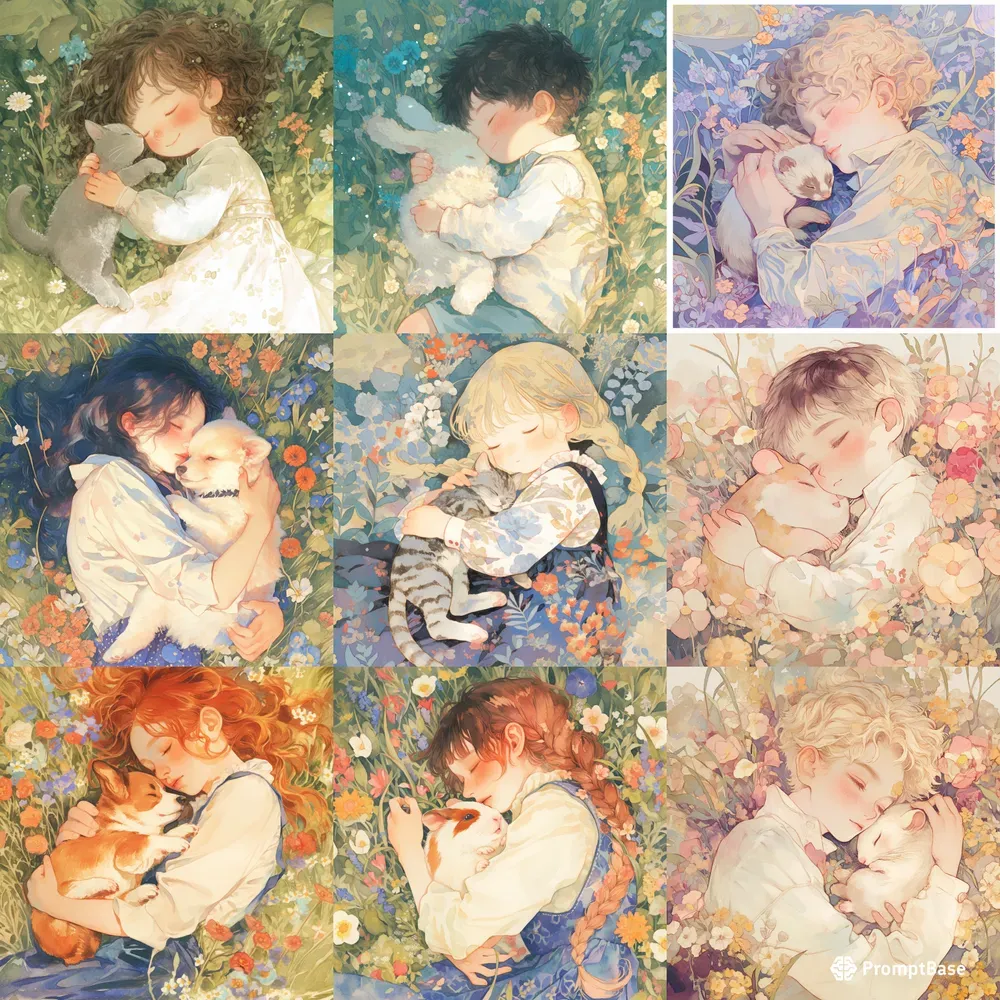 Watercolor Kids Pets Floral Beds