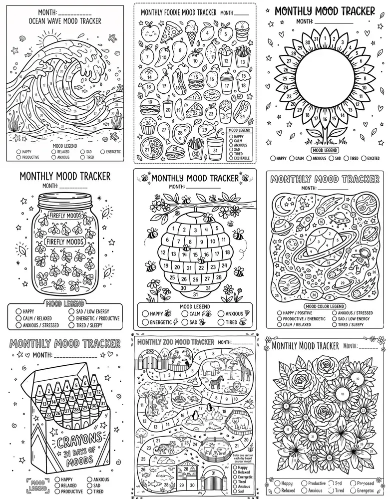 Monthly Mood Tracker Coloring Pages