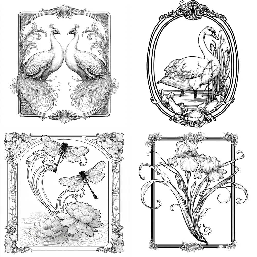 Elegant Art Nouveau Line Illustrations