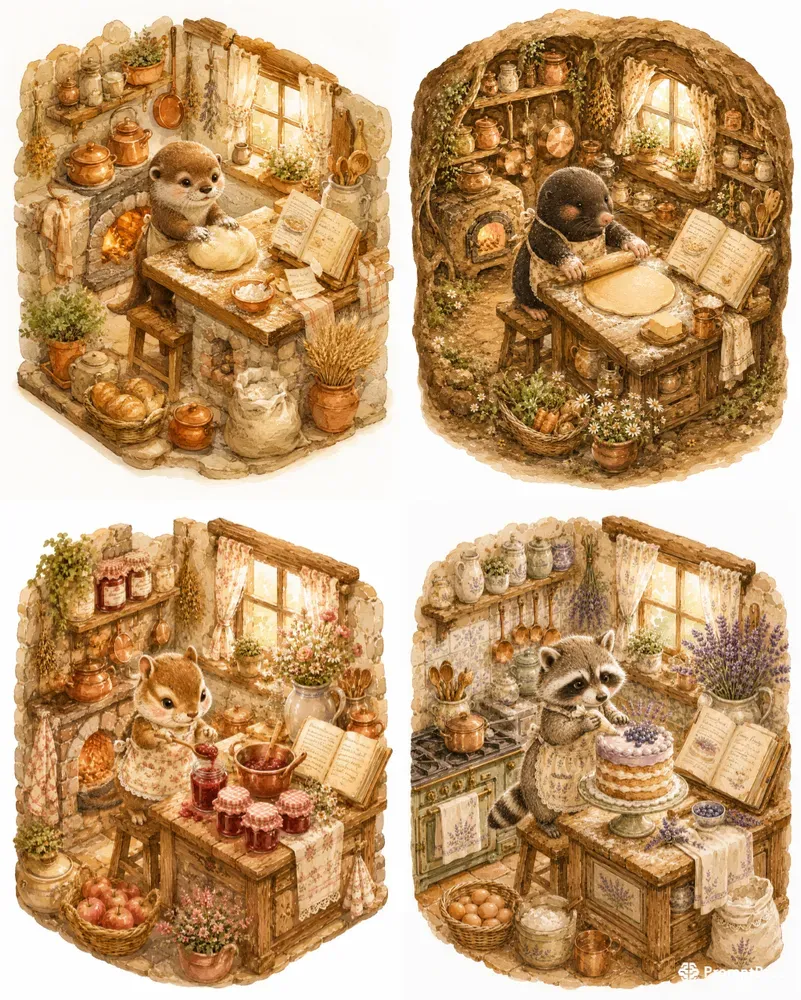 Whimsical Animal Baking Cozy Kitchen Art