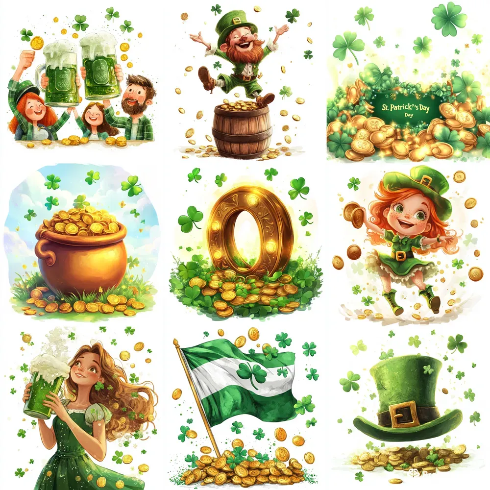 Cartoon Characters Gold Coins Clovers