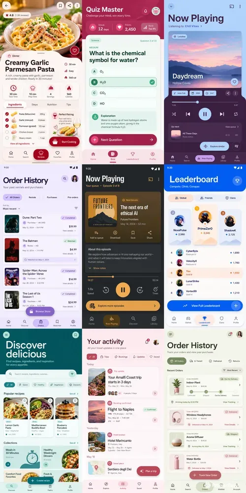 Material You Mobile UI Screen Designs