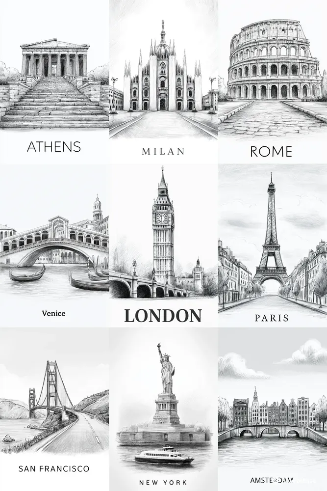 Pencil Sketch Travel Posters