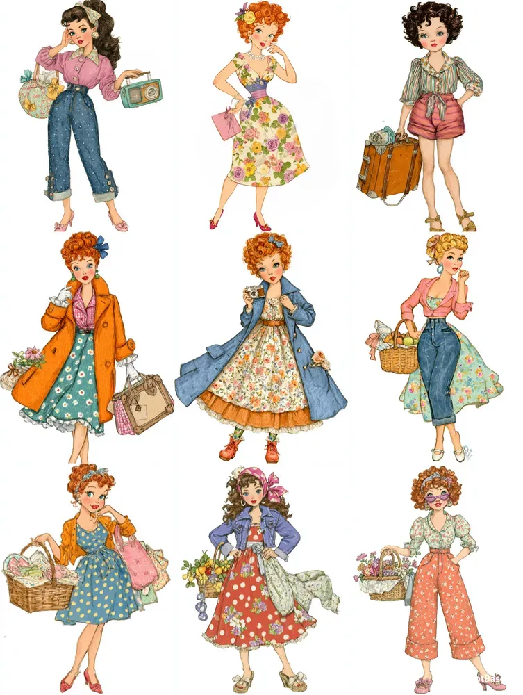Printable Retro Fashion Girls Clipart