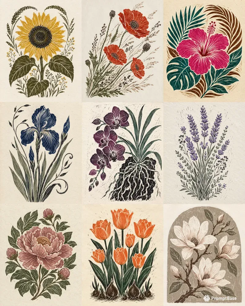 Linocut Floral Art Prints