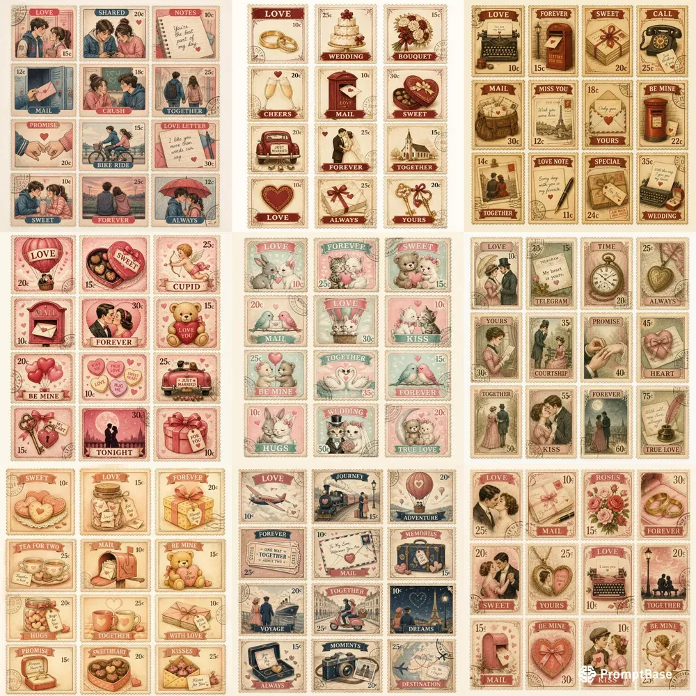 Retro Vintage Love Stamps Ephemera 80s