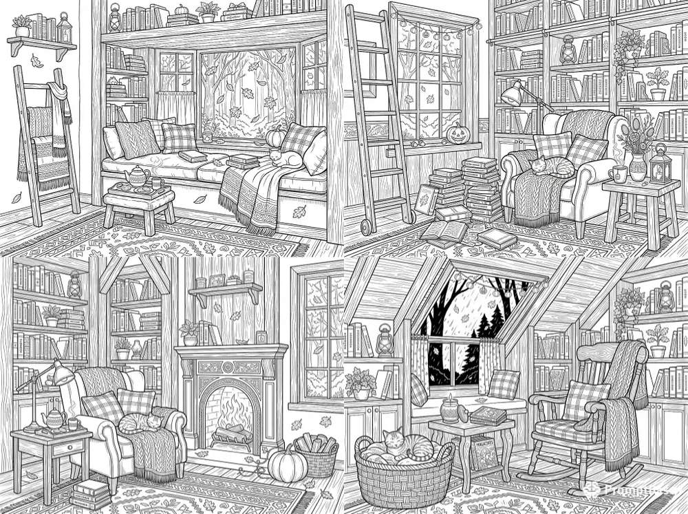 Cozy Autumn Reading Nook Coloring Pages
