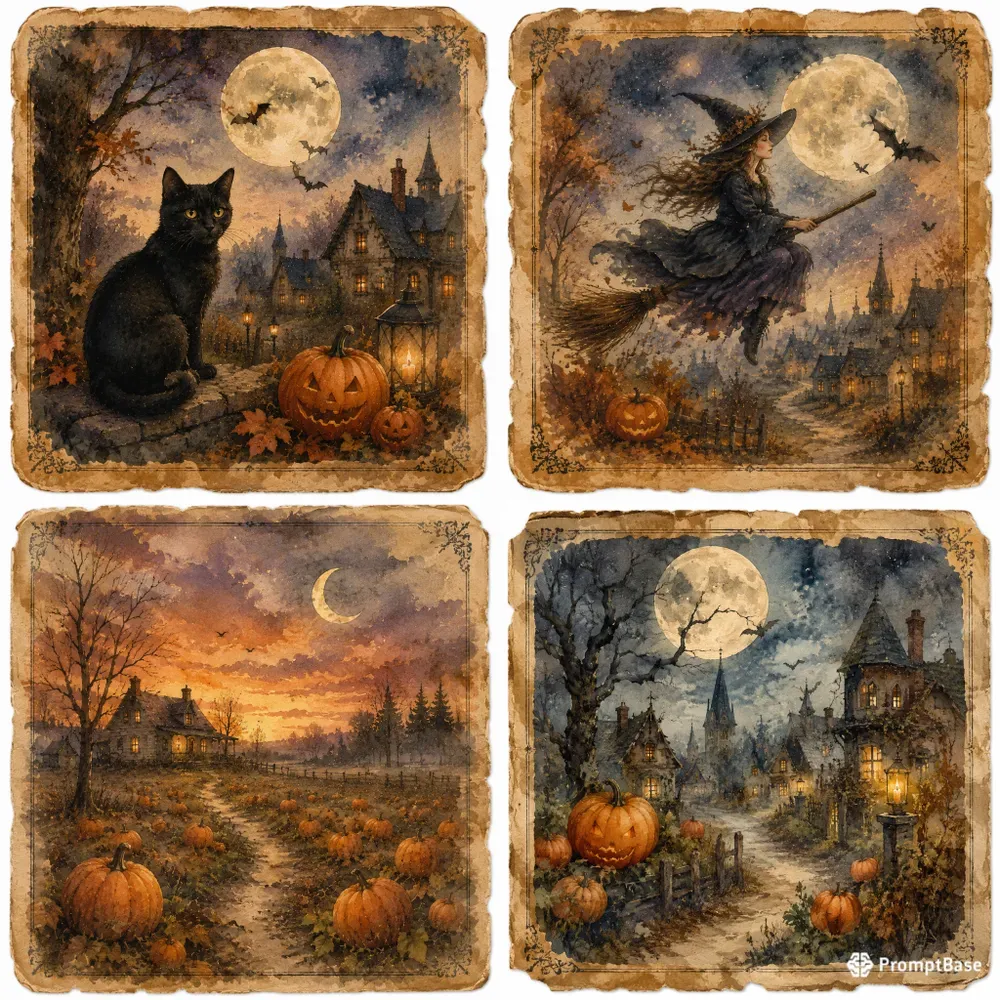 Halloween Watercolor Postcard Ephemera