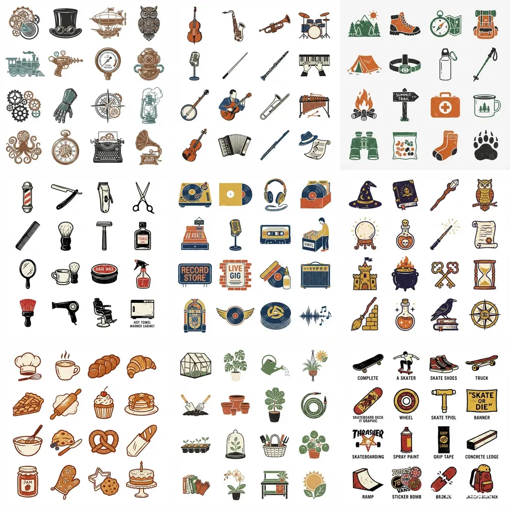 Flat Vintage Screenprint Icon Sheets