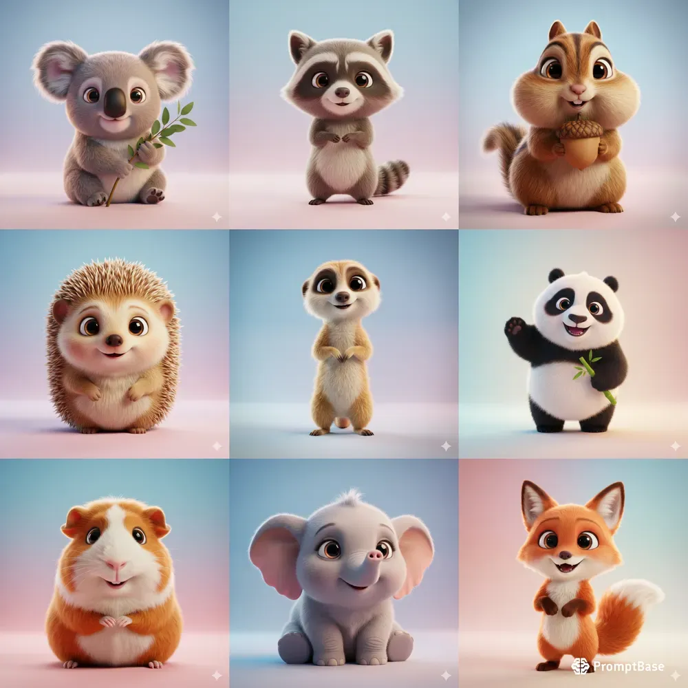 Cute 3D Cartoon Animals Pixar Style