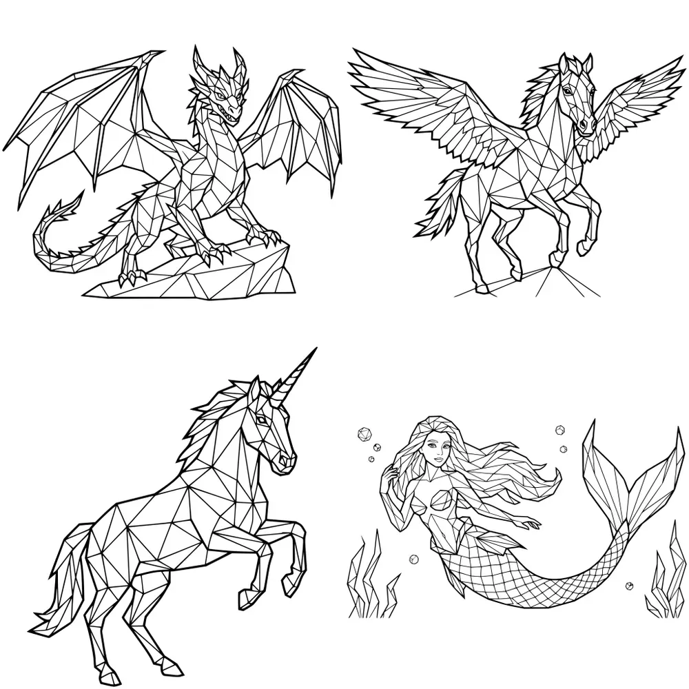Lowpoly Fantasy Creatures Kdp Line Art