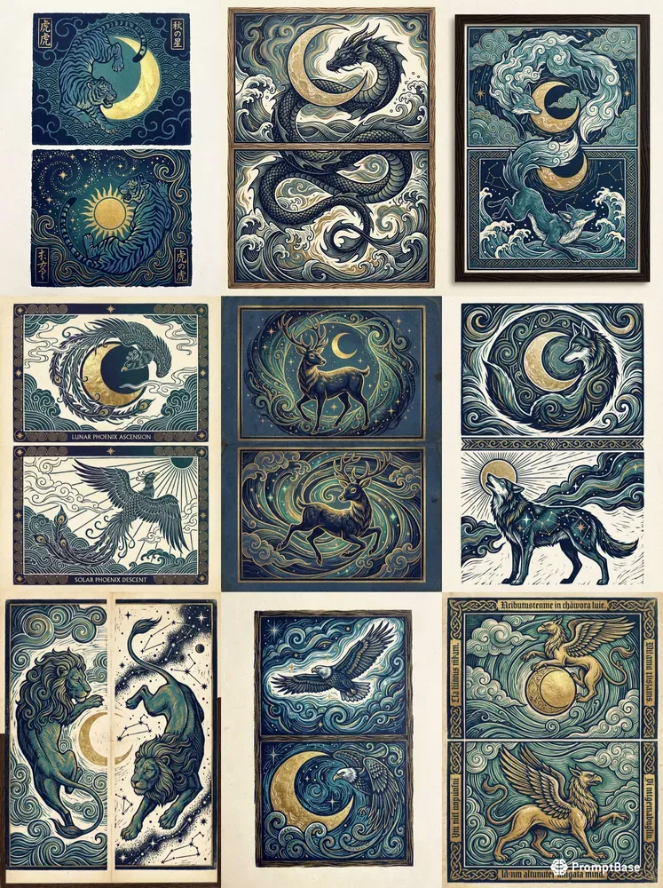 Celestial Gold Woodcut Diptych Art