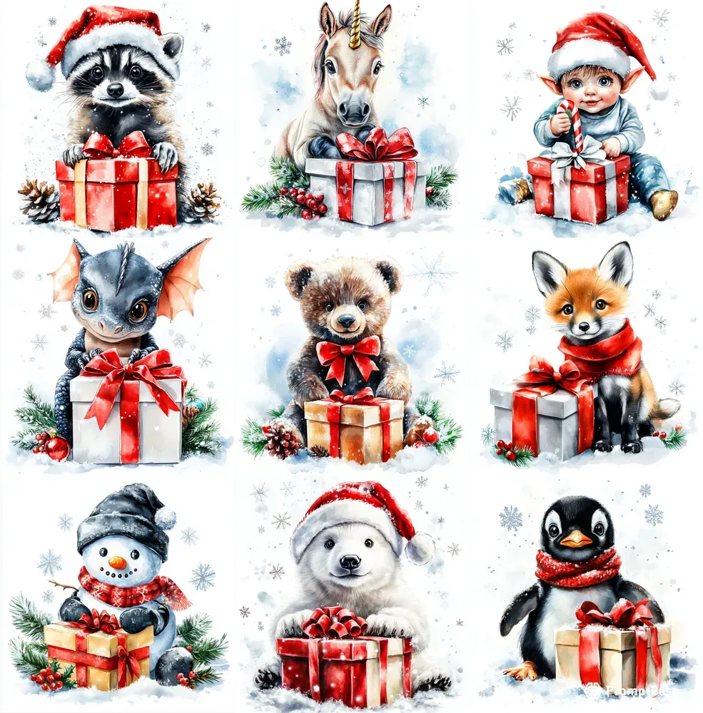Christmas Watercolor Characters With Gifts