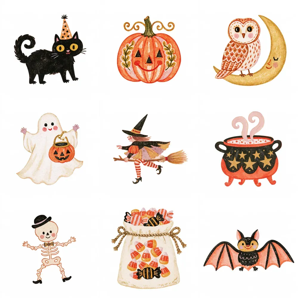 Retro Folk Art Halloween Cliparts