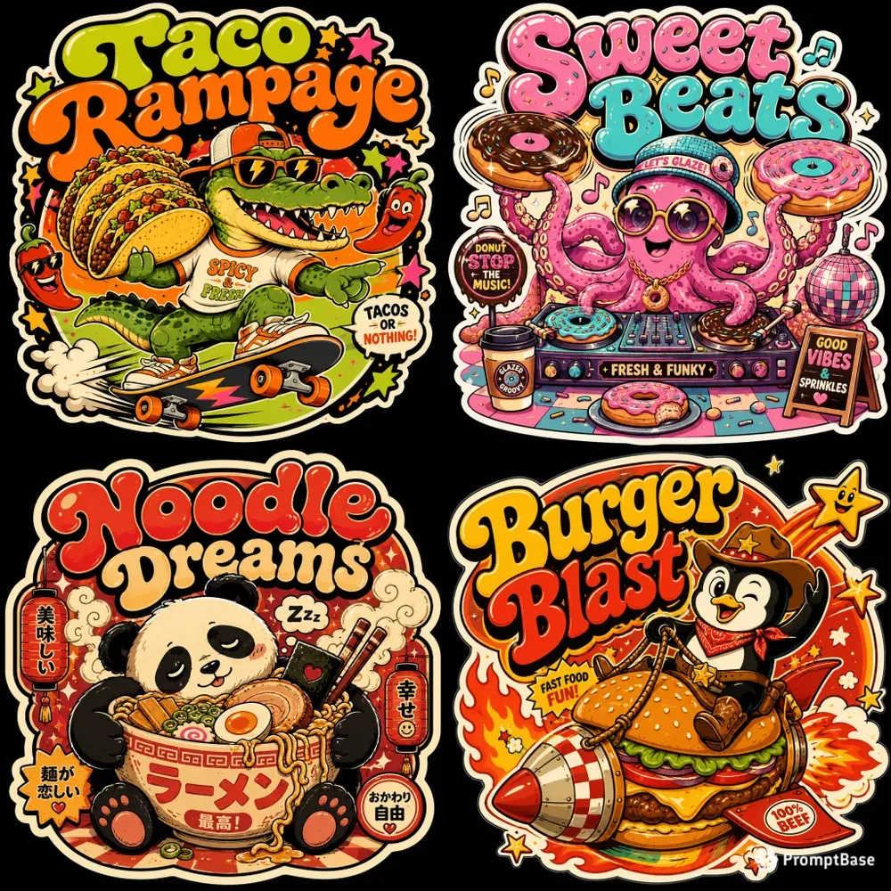 Retro Dino Food Party Stickers