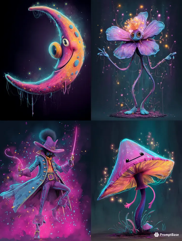 Whimsical Neon Fantasy Characters