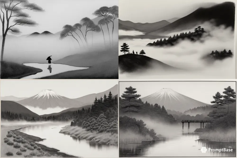 Japanese Sumie Samurai Landscape Art