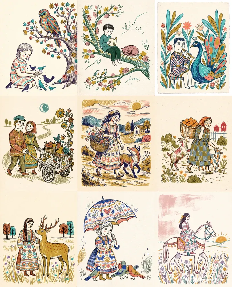 Handcrafted Crayon Folk Illustrations