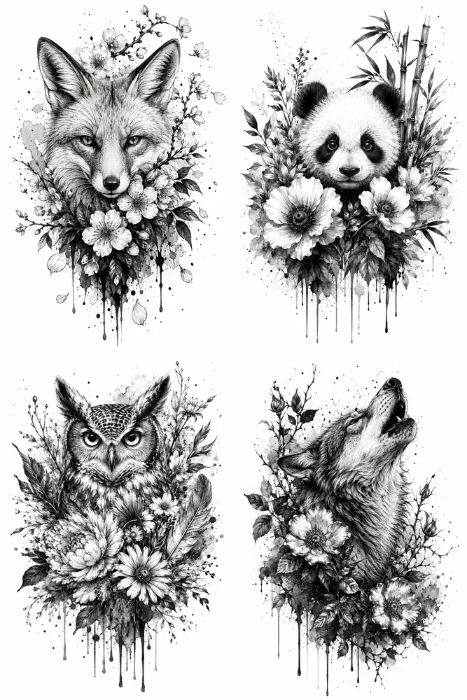 Plural: Black White Ink Tattoo Animal Florals