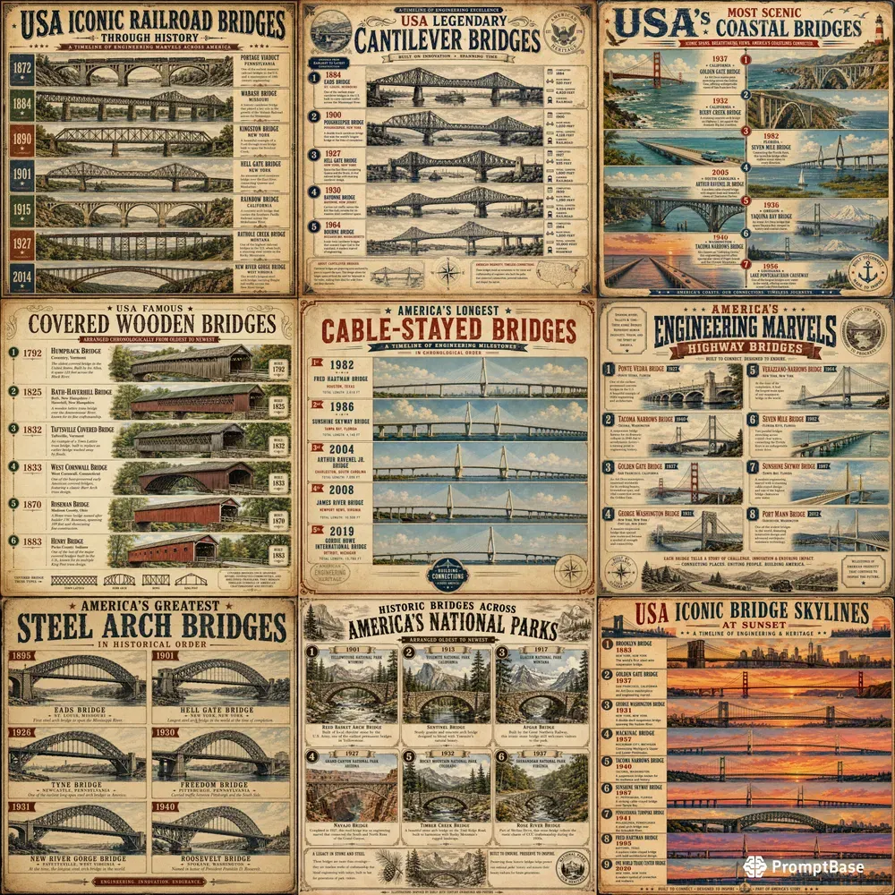 Usa Iconic Bridges Timeline Posters
