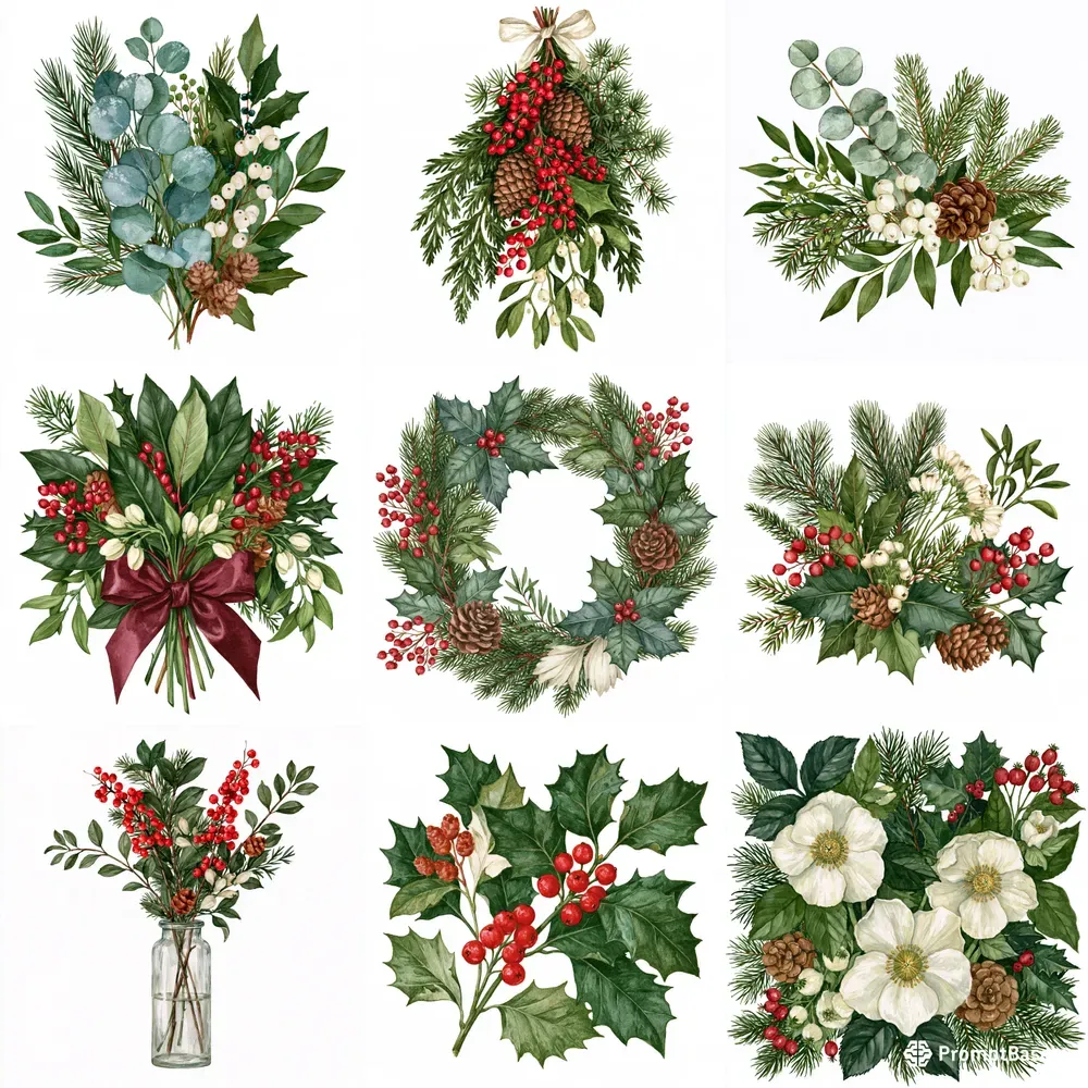 Christmas Botanical Watercolor Cliparts