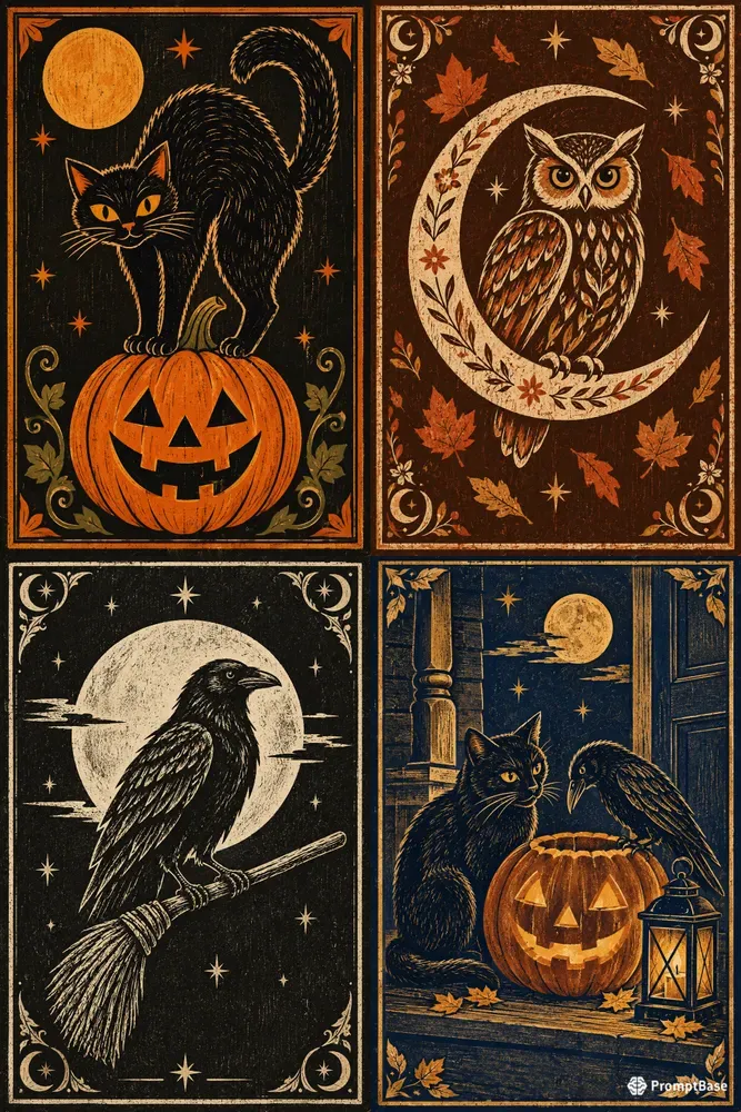 Halloween Folk Art Cats Crows Owls