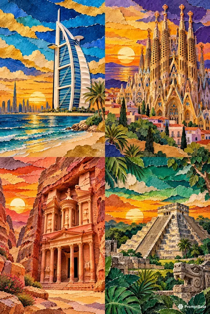 Vibrant Landmark Torn Paper Collage Art