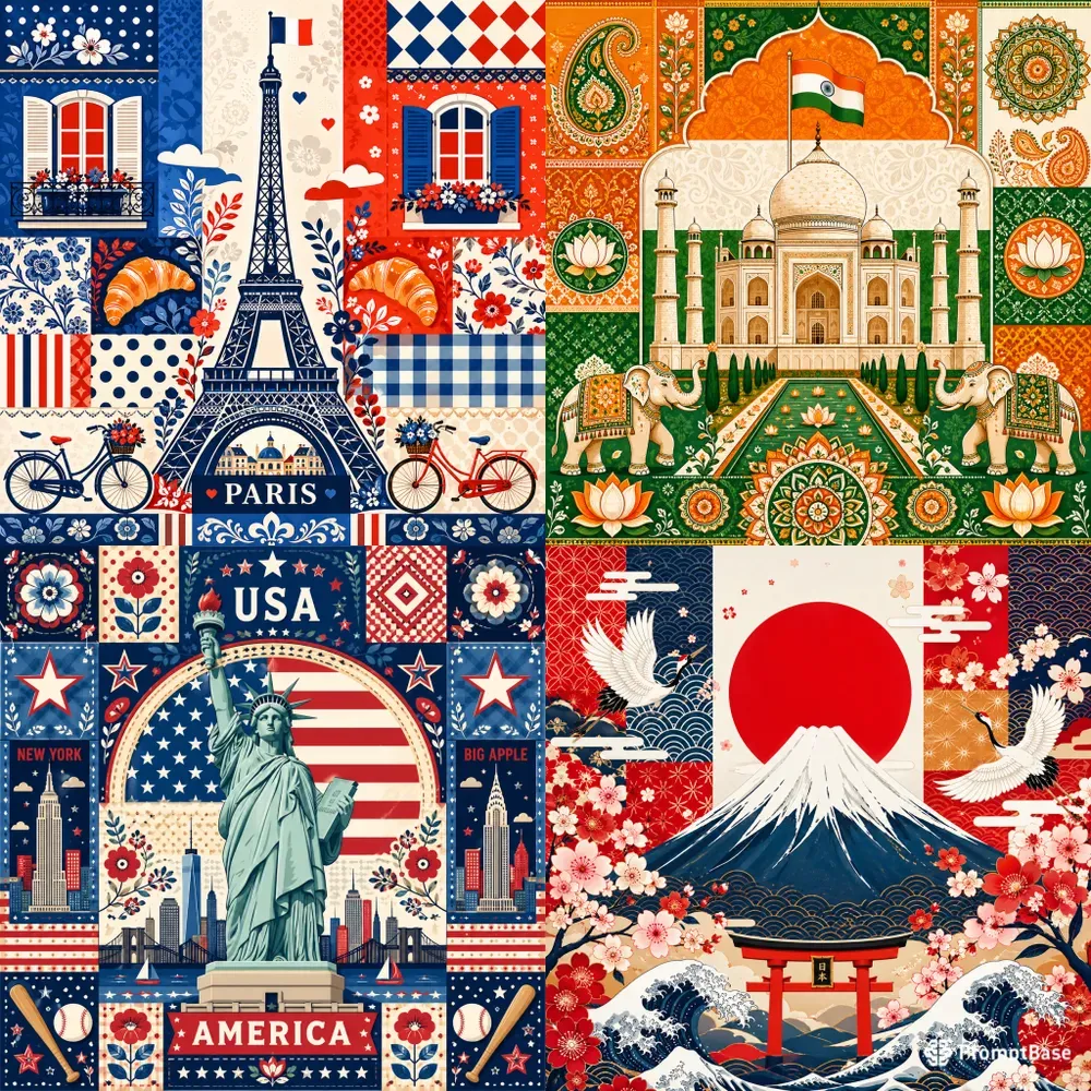 Global Landmark Folk Pattern Posters