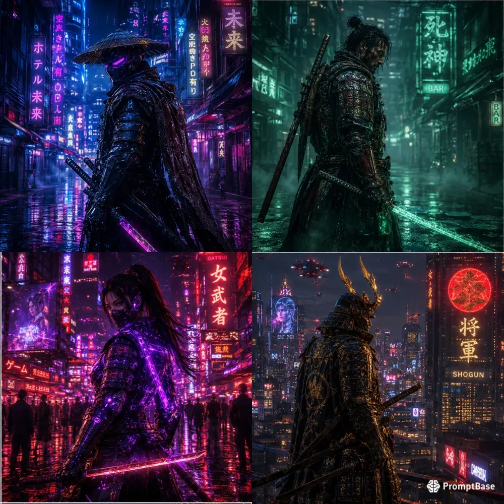 Neon Samurais In Cyberpunk Tokyo