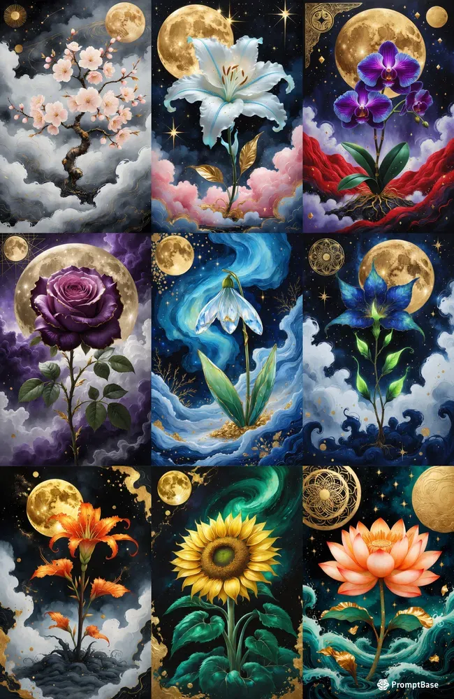 Mystical Lotus Celestial Gold Moon Art