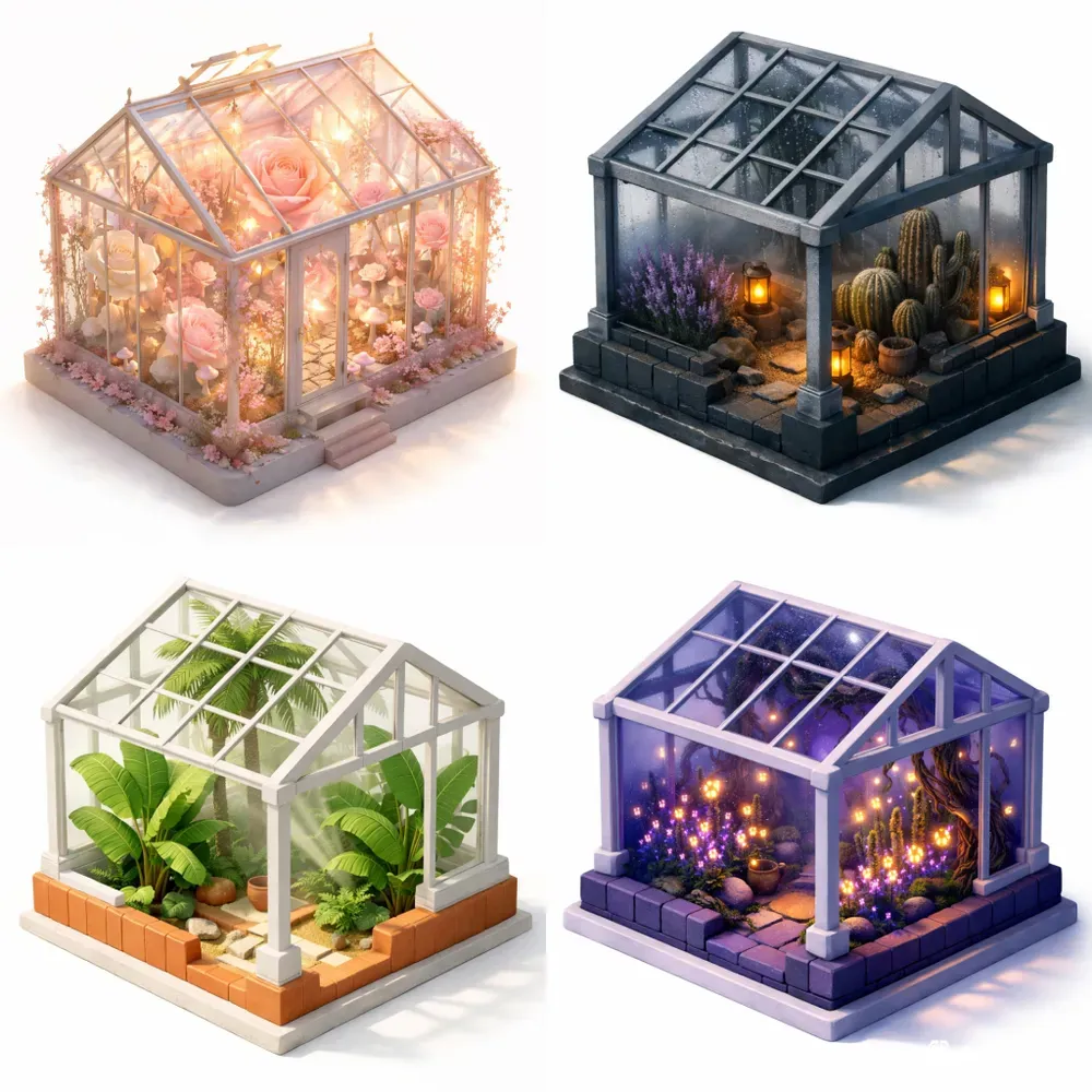 3D Isometric Minimalist Glass Greenhouses