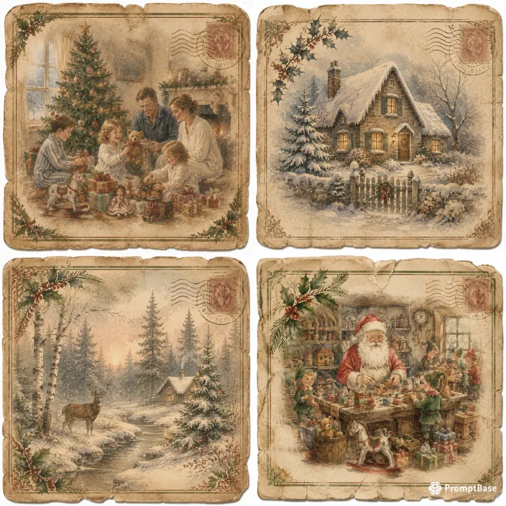 Christmas Watercolor Postcard Ephemera