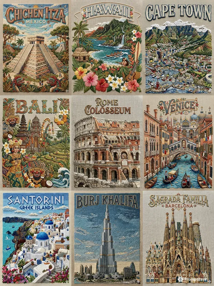 3D Embroidery Travel Posters