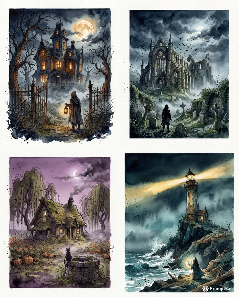 Moody Halloween Watercolor Art Prints