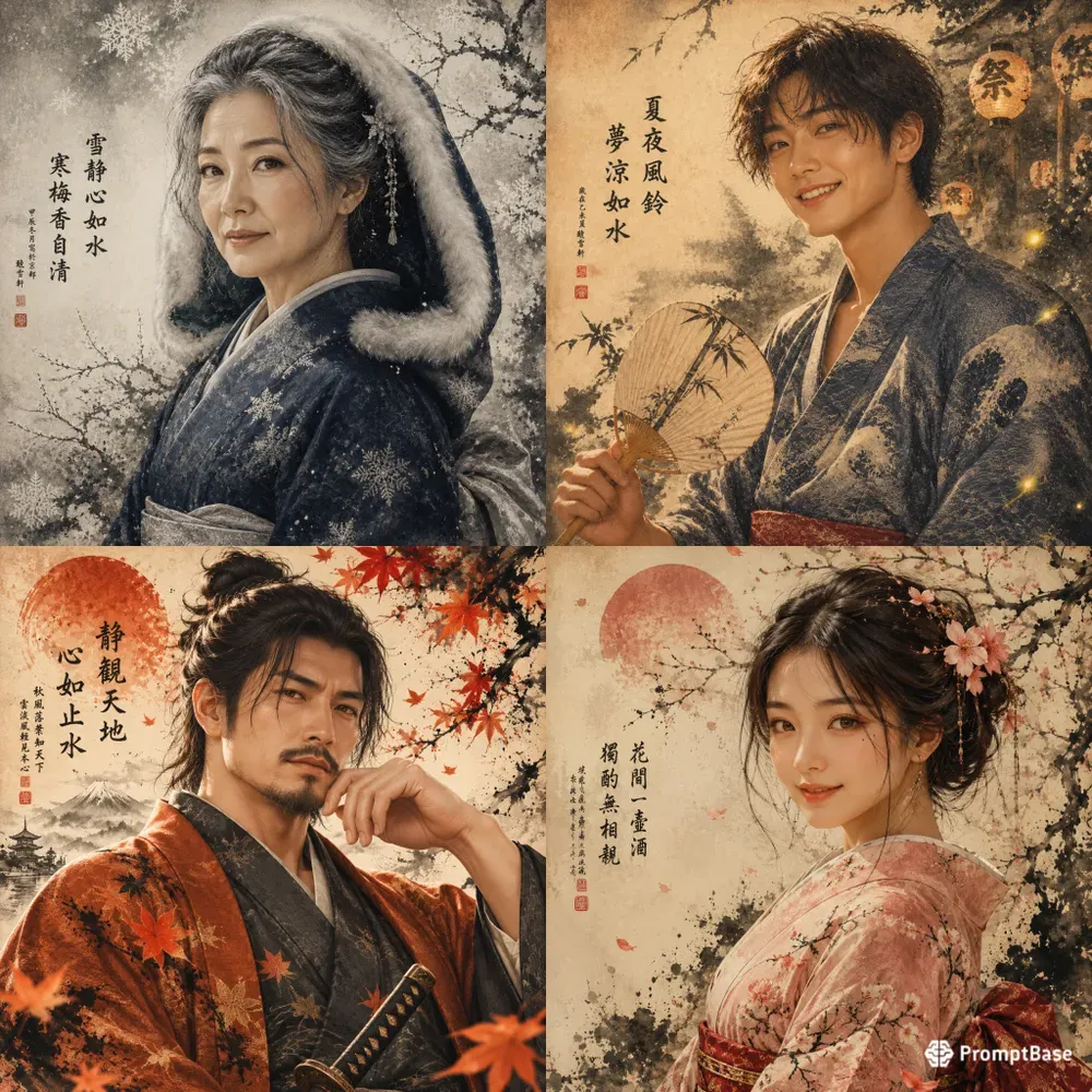 Japanese Ink Wash Kimono Portraits