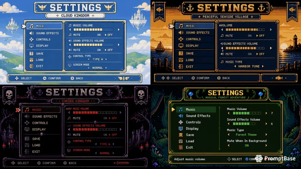 8bit RPG Settings Menu UI Screens