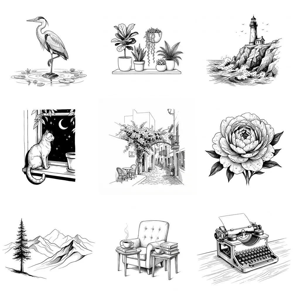 Minimalist Editorial Ink Sketch Scenes