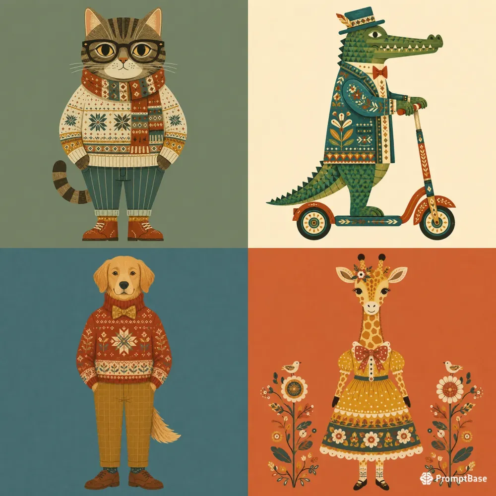 Retro Folk Art Dressed Animal Characters